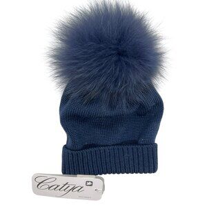 Blue Knit Beanie With Real Fox Fur Pom Made In Italy Catya Warm & Stylish Winter